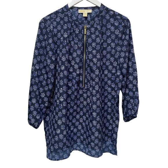 MICHAEL KORS Womens Top Size 12 Navy Blue Print Zip Front Logo Floral 3/4 Sleeve - Picture 1 of 12
